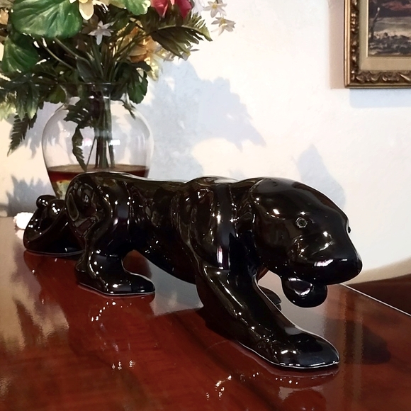 20" Black Crawling Panther Green Eyes Ceramic Figurine Art Deco - Picture 1 of 11